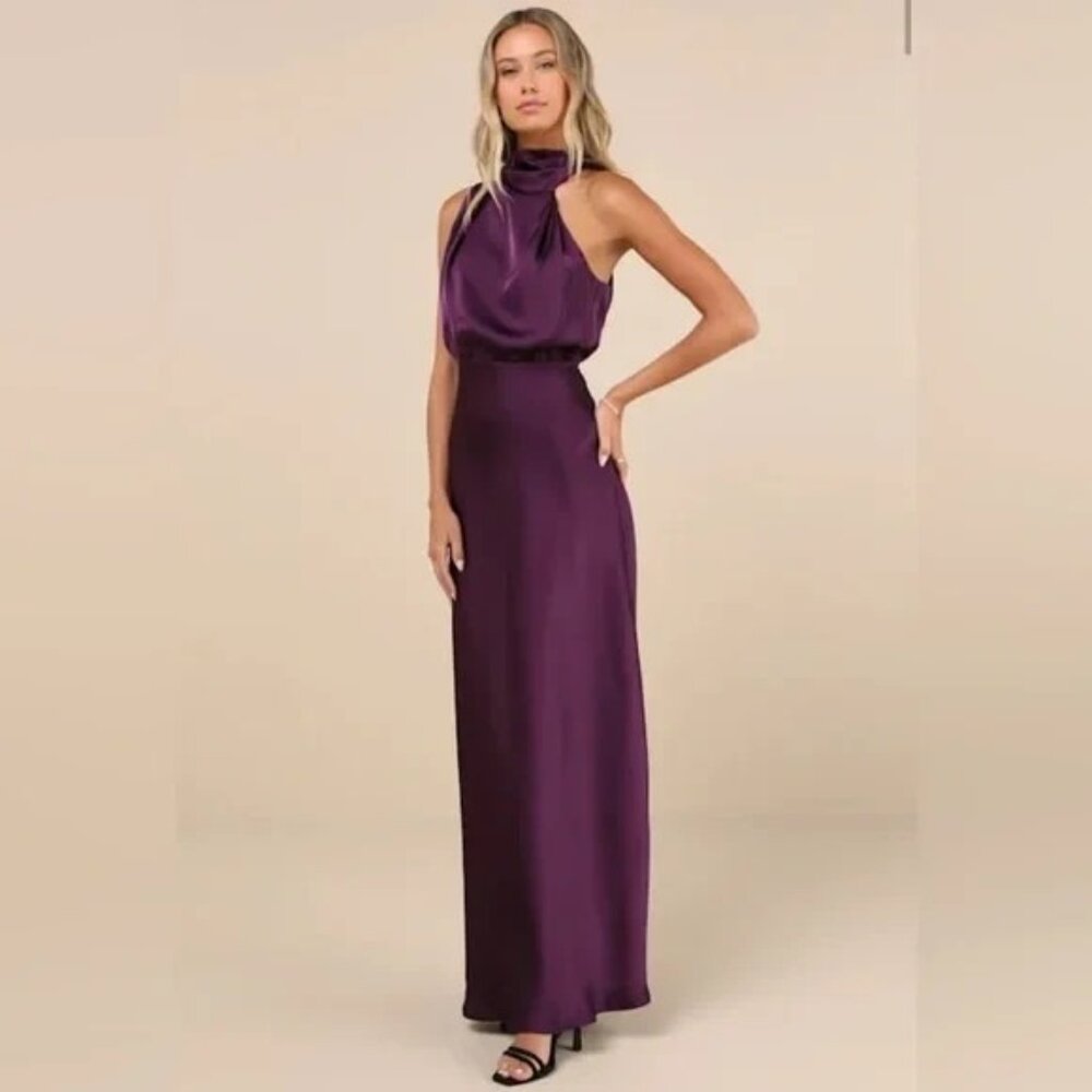 Lulus S Maxi Long Dress Distinctive Charm Satin Mock Neck A Line Sleeveless NEW - Picture 3 of 10